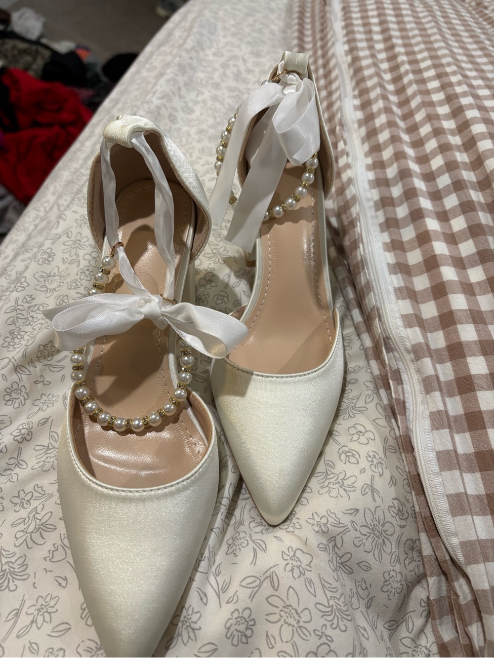 Satin Pearl-Ankle Tie Pointed-Toe Heels in Ivory